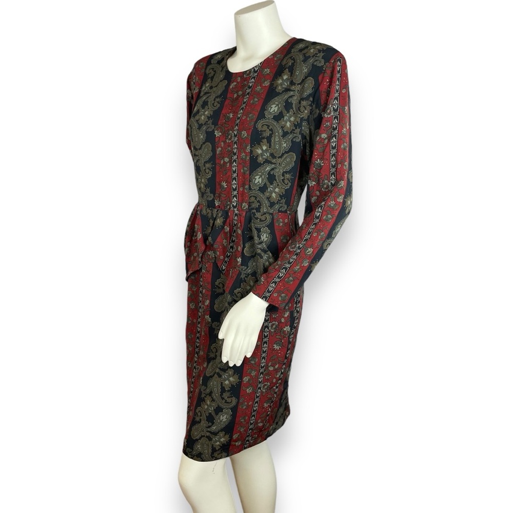 Vintage Dress 80s Pencil Petal Hip Skirt Layer Striped‎ Floral Women Retro Black